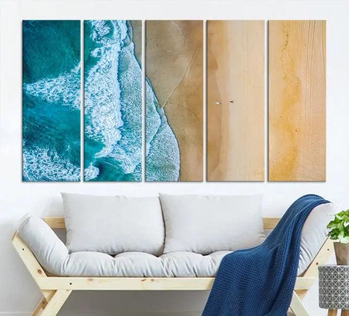 An Ocean Aerial Beach Wall Art Canvas Print, featuring a triptych of beach and ocean photography on museum-quality canvas with UV protection, is ready to hang.