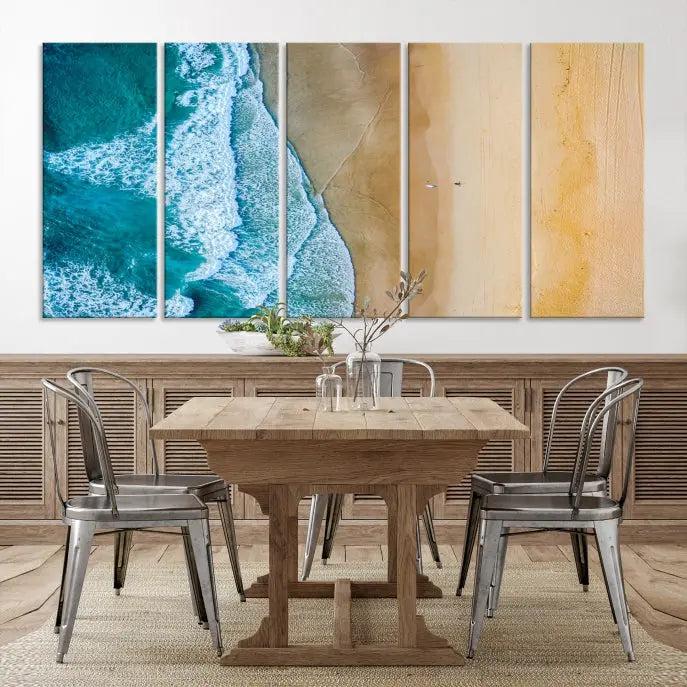 An Ocean Aerial Beach Wall Art Canvas Print, featuring a triptych of beach and ocean photography on museum-quality canvas with UV protection, is ready to hang.