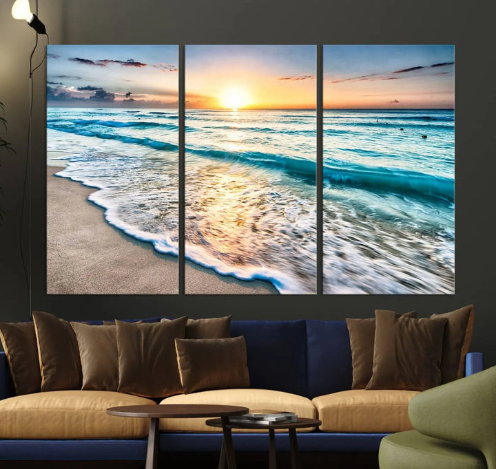 The living room showcases a three-panel canvas wall art titled Ocean Beach Canvas Wall Art Beach Canvas, capturing the essence of ocean waves meeting a tropical island beach sunset.