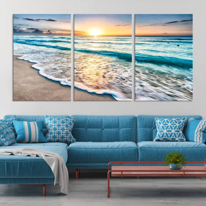 The living room showcases a three-panel canvas wall art titled Ocean Beach Canvas Wall Art Beach Canvas, capturing the essence of ocean waves meeting a tropical island beach sunset.