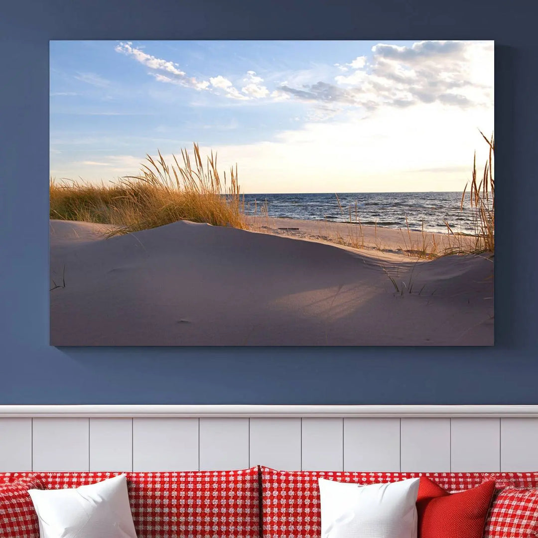 The living room showcases the Ocean Beach Wall Art Canvas Print Sunset Artwork Print Coastal Wall Art—a triptych wall art featuring a beach scene at sunset. Each museum-quality canvas piece is ready to hang and includes a UV-protective coating to preserve its stunning beauty.