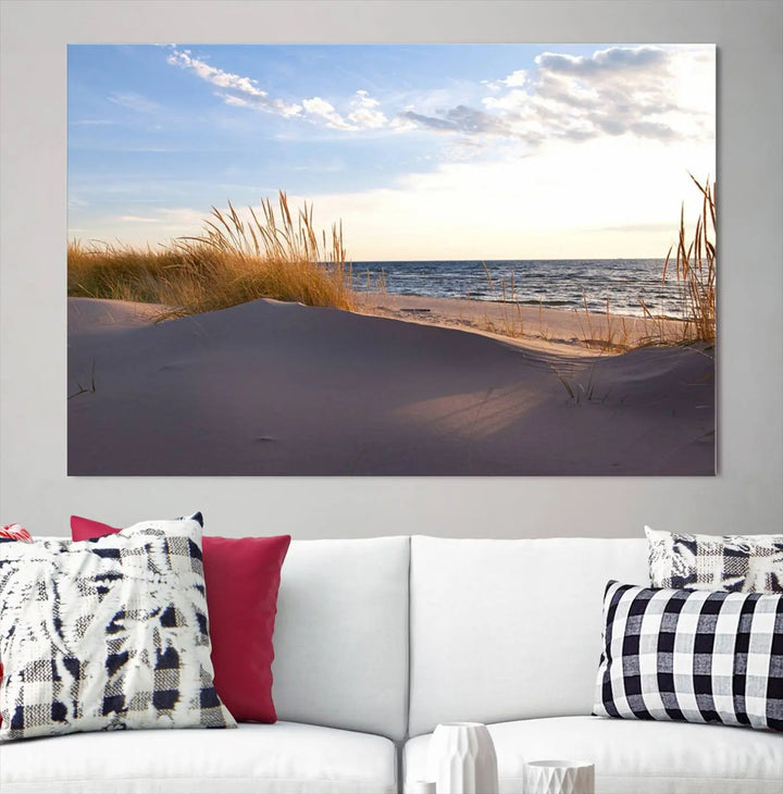 The living room showcases the Ocean Beach Wall Art Canvas Print Sunset Artwork Print Coastal Wall Art—a triptych wall art featuring a beach scene at sunset. Each museum-quality canvas piece is ready to hang and includes a UV-protective coating to preserve its stunning beauty.