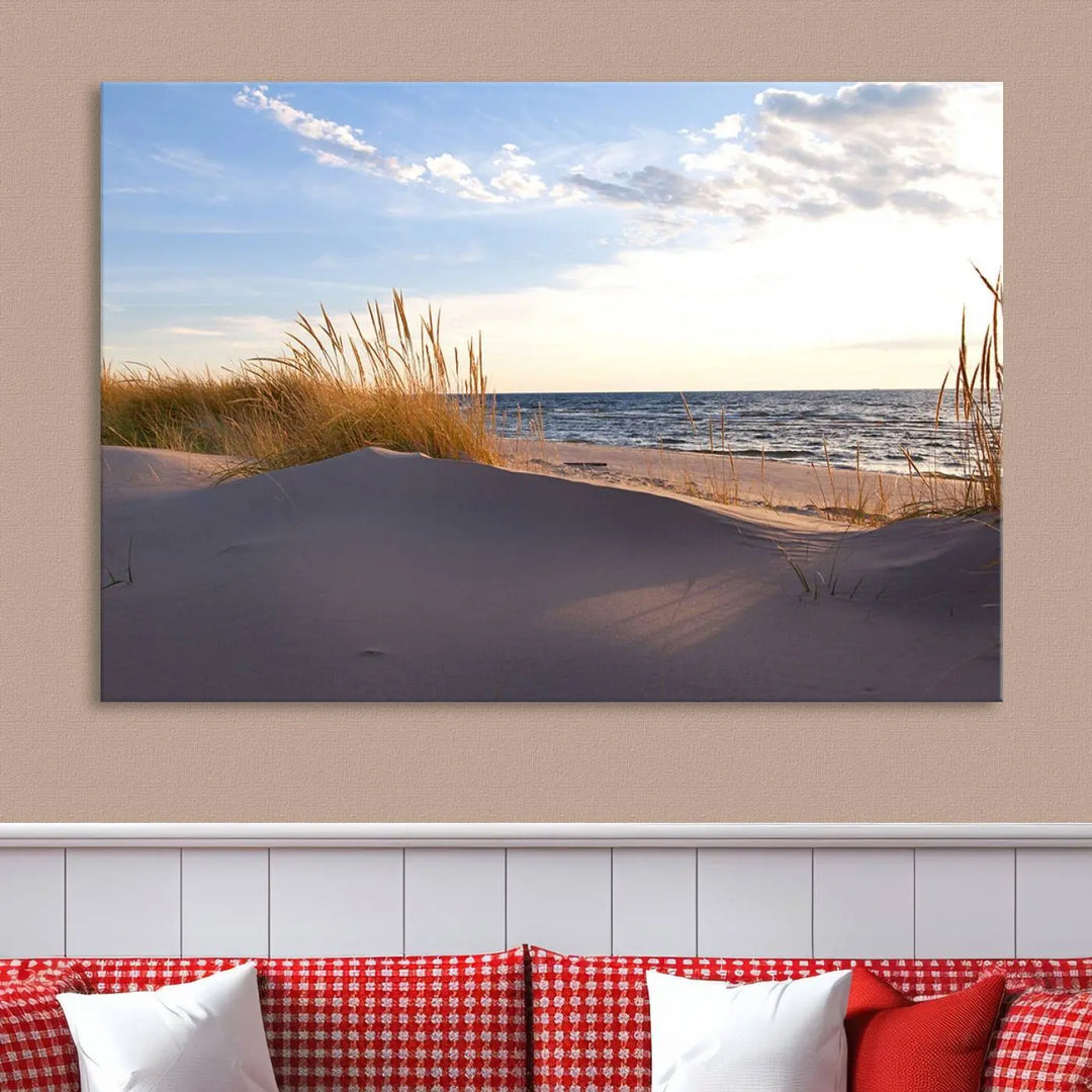 The living room showcases the Ocean Beach Wall Art Canvas Print Sunset Artwork Print Coastal Wall Art—a triptych wall art featuring a beach scene at sunset. Each museum-quality canvas piece is ready to hang and includes a UV-protective coating to preserve its stunning beauty.