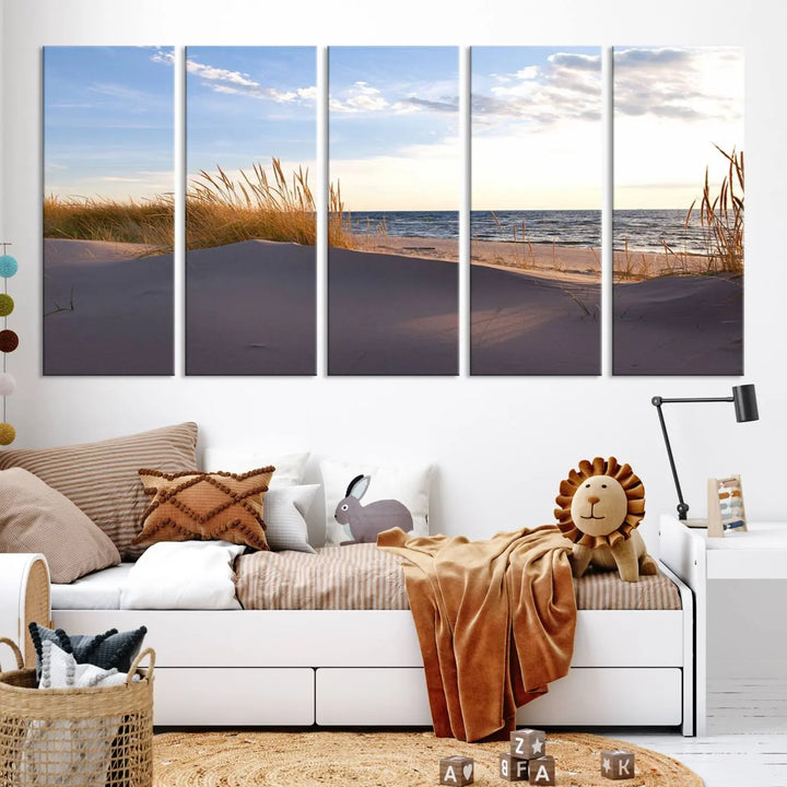 The living room showcases the Ocean Beach Wall Art Canvas Print Sunset Artwork Print Coastal Wall Art—a triptych wall art featuring a beach scene at sunset. Each museum-quality canvas piece is ready to hang and includes a UV-protective coating to preserve its stunning beauty.