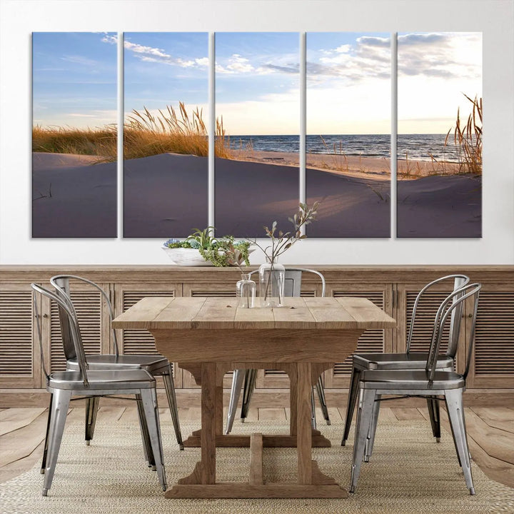 The living room showcases the Ocean Beach Wall Art Canvas Print Sunset Artwork Print Coastal Wall Art—a triptych wall art featuring a beach scene at sunset. Each museum-quality canvas piece is ready to hang and includes a UV-protective coating to preserve its stunning beauty.