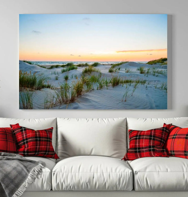 The "Ocean Beach Wall Art Canvas Print Sunset Artwork Print Coastal Wall Art" brings a sense of tranquility to the space. Crafted on museum-quality canvas and featuring gallery-wrapped edges, this modern living room piece is protected by a UV coating to ensure its lasting beauty.