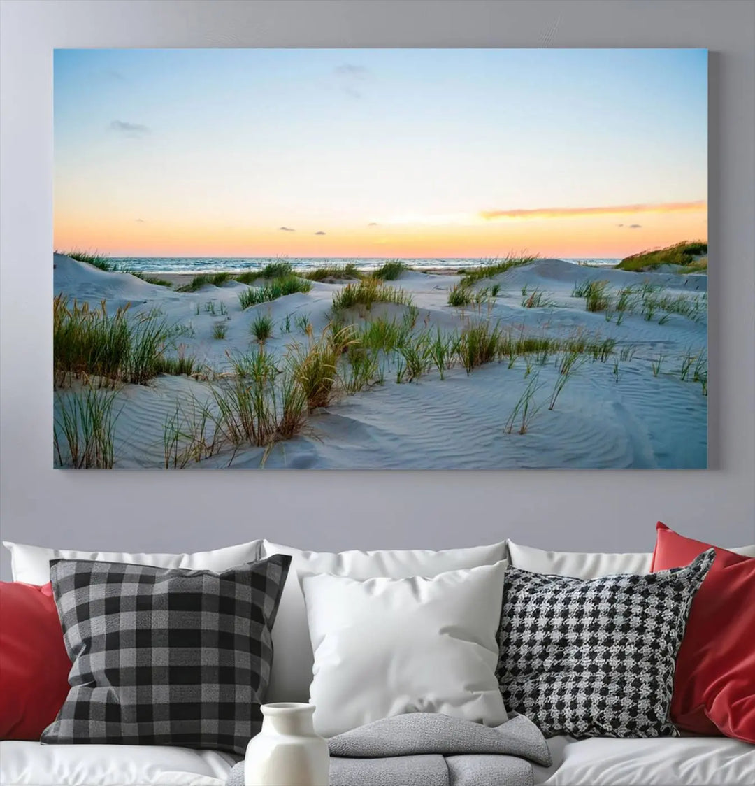 The "Ocean Beach Wall Art Canvas Print Sunset Artwork Print Coastal Wall Art" brings a sense of tranquility to the space. Crafted on museum-quality canvas and featuring gallery-wrapped edges, this modern living room piece is protected by a UV coating to ensure its lasting beauty.