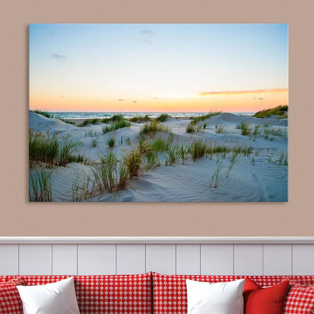 The "Ocean Beach Wall Art Canvas Print Sunset Artwork Print Coastal Wall Art" brings a sense of tranquility to the space. Crafted on museum-quality canvas and featuring gallery-wrapped edges, this modern living room piece is protected by a UV coating to ensure its lasting beauty.