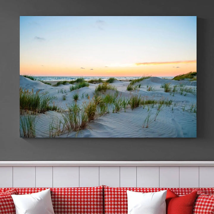 The "Ocean Beach Wall Art Canvas Print Sunset Artwork Print Coastal Wall Art" brings a sense of tranquility to the space. Crafted on museum-quality canvas and featuring gallery-wrapped edges, this modern living room piece is protected by a UV coating to ensure its lasting beauty.