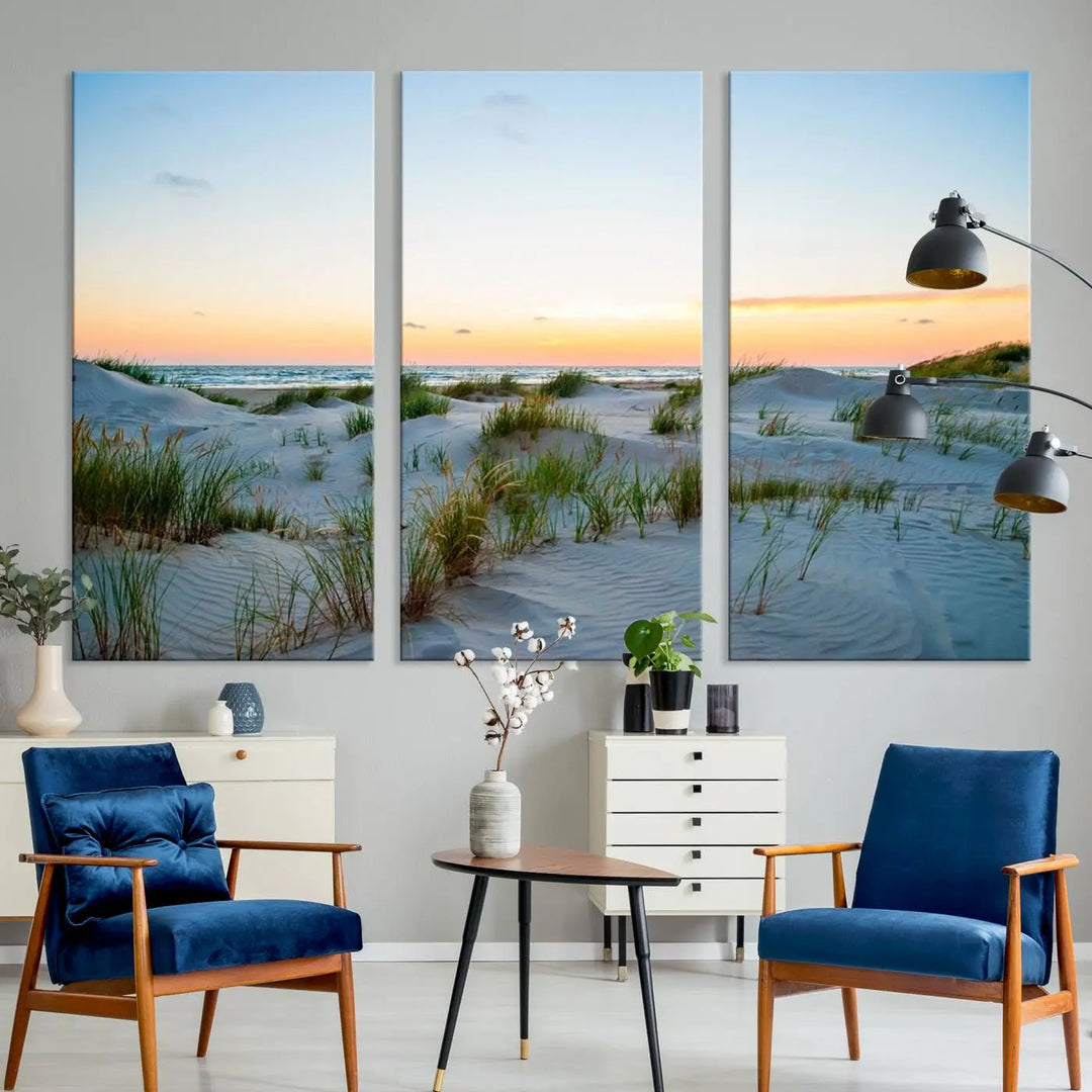 The "Ocean Beach Wall Art Canvas Print Sunset Artwork Print Coastal Wall Art" brings a sense of tranquility to the space. Crafted on museum-quality canvas and featuring gallery-wrapped edges, this modern living room piece is protected by a UV coating to ensure its lasting beauty.