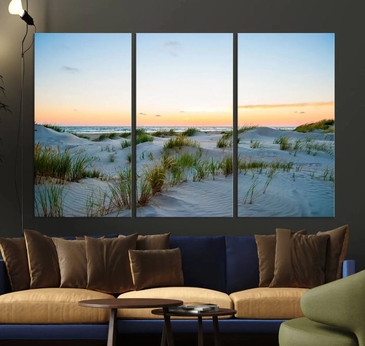 The "Ocean Beach Wall Art Canvas Print Sunset Artwork Print Coastal Wall Art" brings a sense of tranquility to the space. Crafted on museum-quality canvas and featuring gallery-wrapped edges, this modern living room piece is protected by a UV coating to ensure its lasting beauty.