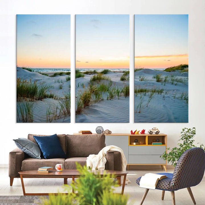 The "Ocean Beach Wall Art Canvas Print Sunset Artwork Print Coastal Wall Art" brings a sense of tranquility to the space. Crafted on museum-quality canvas and featuring gallery-wrapped edges, this modern living room piece is protected by a UV coating to ensure its lasting beauty.