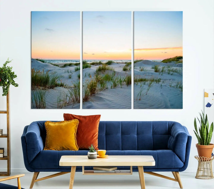 The "Ocean Beach Wall Art Canvas Print Sunset Artwork Print Coastal Wall Art" brings a sense of tranquility to the space. Crafted on museum-quality canvas and featuring gallery-wrapped edges, this modern living room piece is protected by a UV coating to ensure its lasting beauty.