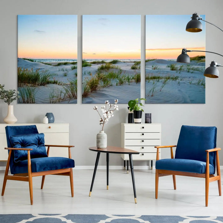 The "Ocean Beach Wall Art Canvas Print Sunset Artwork Print Coastal Wall Art" brings a sense of tranquility to the space. Crafted on museum-quality canvas and featuring gallery-wrapped edges, this modern living room piece is protected by a UV coating to ensure its lasting beauty.