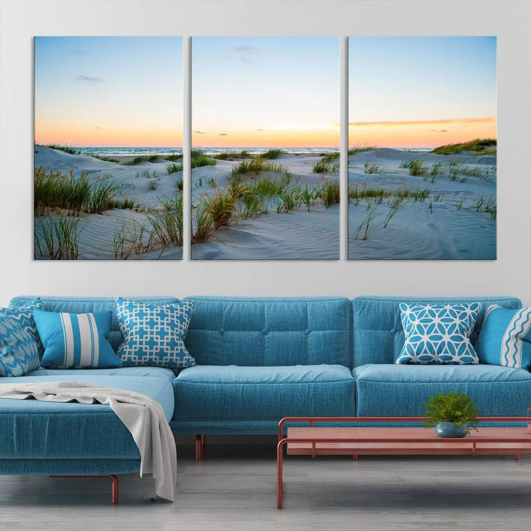 The "Ocean Beach Wall Art Canvas Print Sunset Artwork Print Coastal Wall Art" brings a sense of tranquility to the space. Crafted on museum-quality canvas and featuring gallery-wrapped edges, this modern living room piece is protected by a UV coating to ensure its lasting beauty.