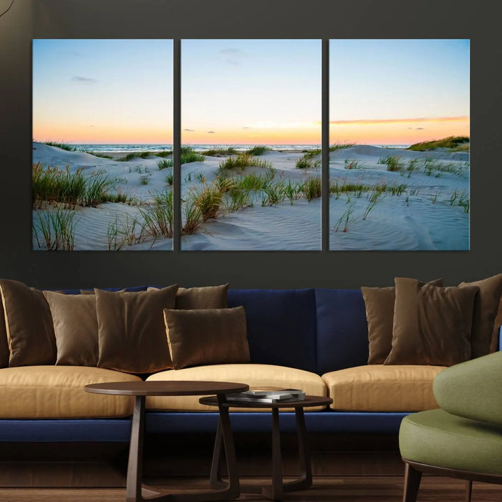 The "Ocean Beach Wall Art Canvas Print Sunset Artwork Print Coastal Wall Art" brings a sense of tranquility to the space. Crafted on museum-quality canvas and featuring gallery-wrapped edges, this modern living room piece is protected by a UV coating to ensure its lasting beauty.