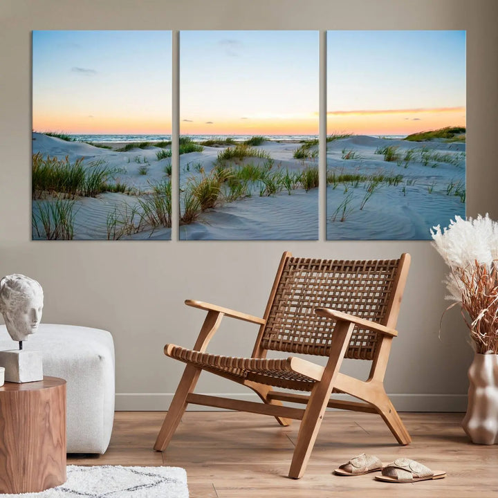 The "Ocean Beach Wall Art Canvas Print Sunset Artwork Print Coastal Wall Art" brings a sense of tranquility to the space. Crafted on museum-quality canvas and featuring gallery-wrapped edges, this modern living room piece is protected by a UV coating to ensure its lasting beauty.