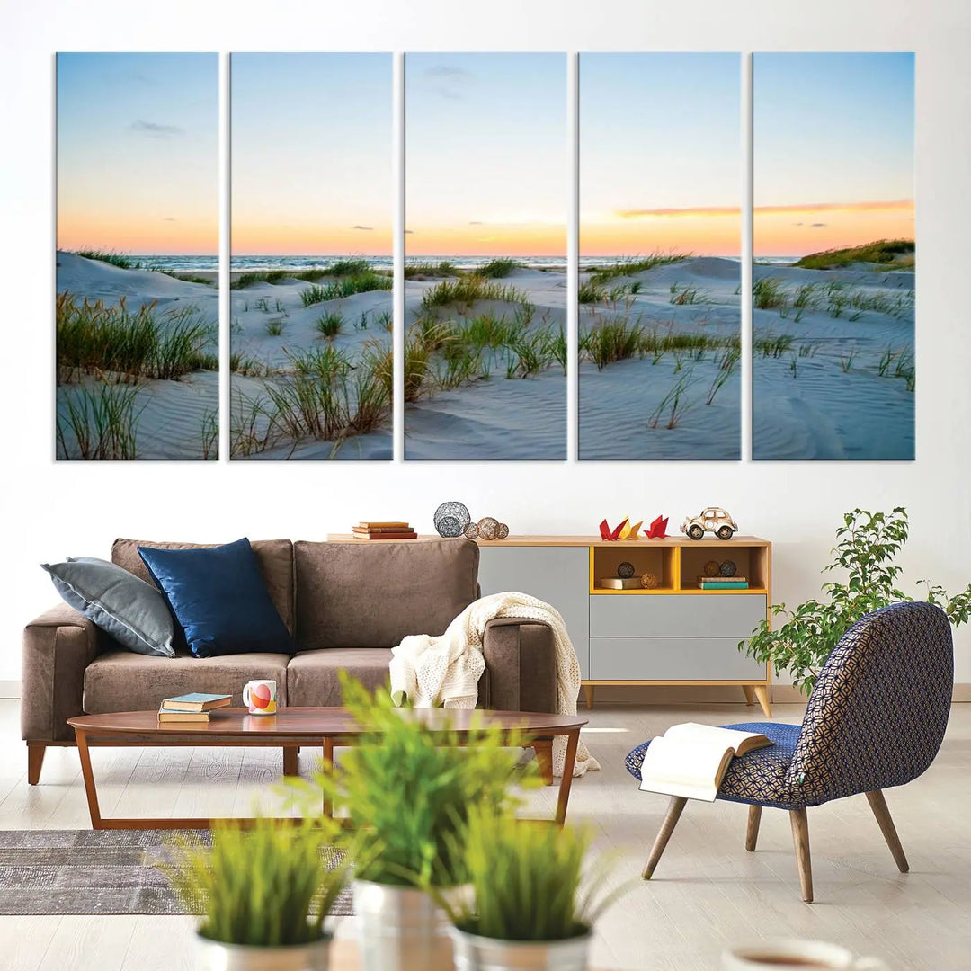 The "Ocean Beach Wall Art Canvas Print Sunset Artwork Print Coastal Wall Art" brings a sense of tranquility to the space. Crafted on museum-quality canvas and featuring gallery-wrapped edges, this modern living room piece is protected by a UV coating to ensure its lasting beauty.