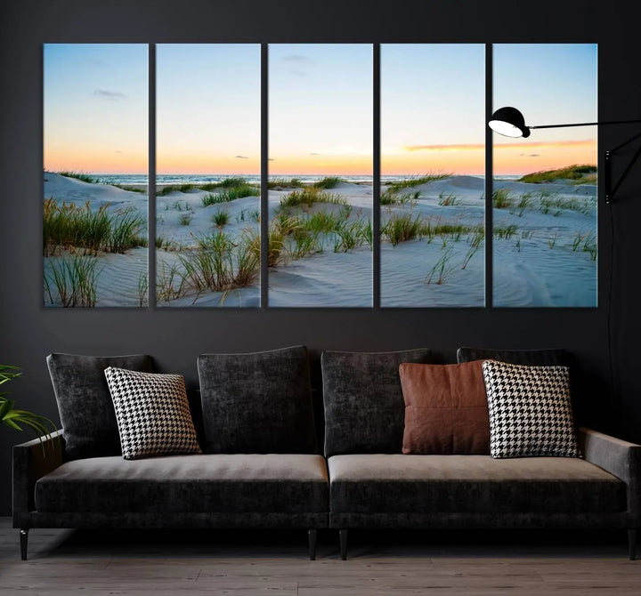 The "Ocean Beach Wall Art Canvas Print Sunset Artwork Print Coastal Wall Art" brings a sense of tranquility to the space. Crafted on museum-quality canvas and featuring gallery-wrapped edges, this modern living room piece is protected by a UV coating to ensure its lasting beauty.