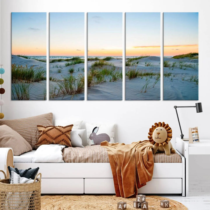 The "Ocean Beach Wall Art Canvas Print Sunset Artwork Print Coastal Wall Art" brings a sense of tranquility to the space. Crafted on museum-quality canvas and featuring gallery-wrapped edges, this modern living room piece is protected by a UV coating to ensure its lasting beauty.