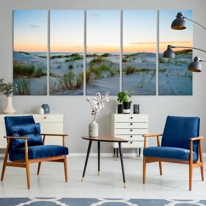 The "Ocean Beach Wall Art Canvas Print Sunset Artwork Print Coastal Wall Art" brings a sense of tranquility to the space. Crafted on museum-quality canvas and featuring gallery-wrapped edges, this modern living room piece is protected by a UV coating to ensure its lasting beauty.