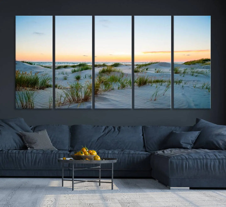 The "Ocean Beach Wall Art Canvas Print Sunset Artwork Print Coastal Wall Art" brings a sense of tranquility to the space. Crafted on museum-quality canvas and featuring gallery-wrapped edges, this modern living room piece is protected by a UV coating to ensure its lasting beauty.