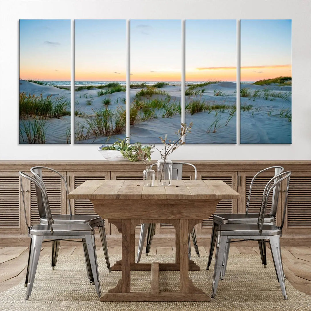 The "Ocean Beach Wall Art Canvas Print Sunset Artwork Print Coastal Wall Art" brings a sense of tranquility to the space. Crafted on museum-quality canvas and featuring gallery-wrapped edges, this modern living room piece is protected by a UV coating to ensure its lasting beauty.