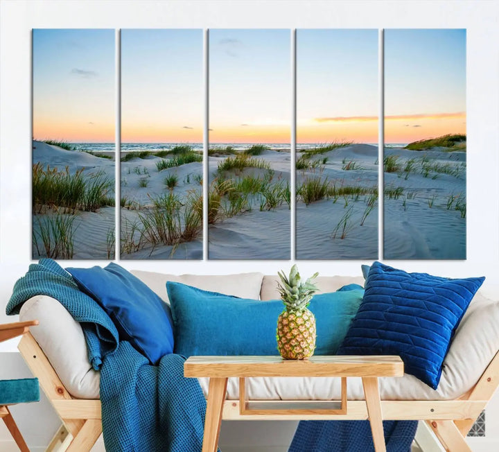 The "Ocean Beach Wall Art Canvas Print Sunset Artwork Print Coastal Wall Art" brings a sense of tranquility to the space. Crafted on museum-quality canvas and featuring gallery-wrapped edges, this modern living room piece is protected by a UV coating to ensure its lasting beauty.