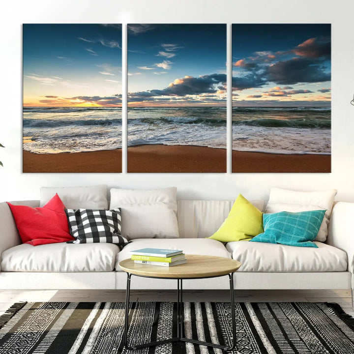 The Ocean Beach Wall Art Canvas Print Sunset Artwork Print Coastal Wall Art, featuring a three-panel design on museum-quality canvas, beautifully enhances any space. Each piece is meticulously hand-assembled, providing exquisite craftsmanship and elegance to your décor.