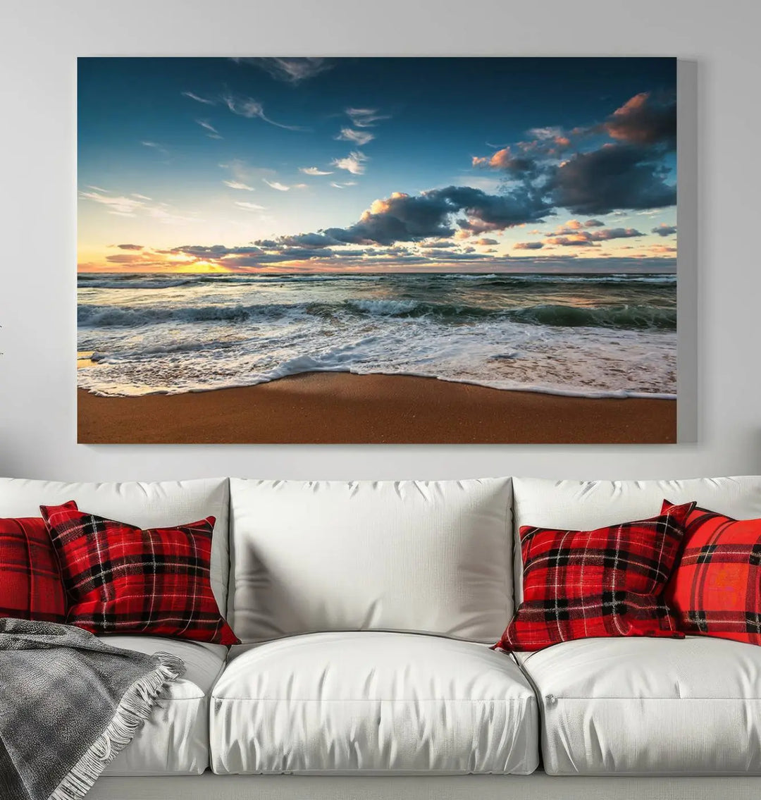 The Ocean Beach Wall Art Canvas Print Sunset Artwork Print Coastal Wall Art, featuring a three-panel design on museum-quality canvas, beautifully enhances any space. Each piece is meticulously hand-assembled, providing exquisite craftsmanship and elegance to your décor.