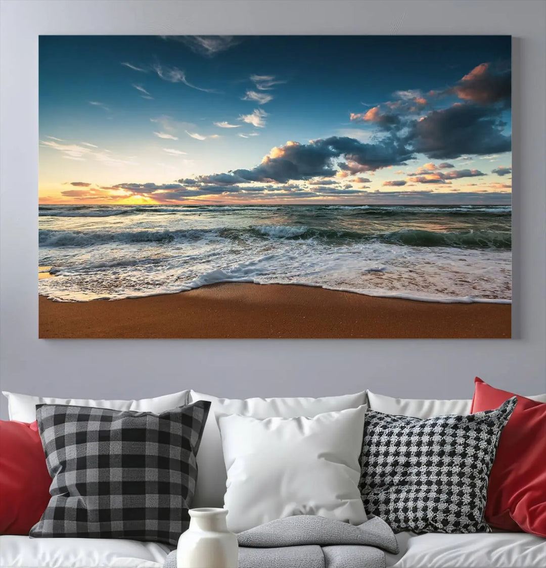 The Ocean Beach Wall Art Canvas Print Sunset Artwork Print Coastal Wall Art, featuring a three-panel design on museum-quality canvas, beautifully enhances any space. Each piece is meticulously hand-assembled, providing exquisite craftsmanship and elegance to your décor.