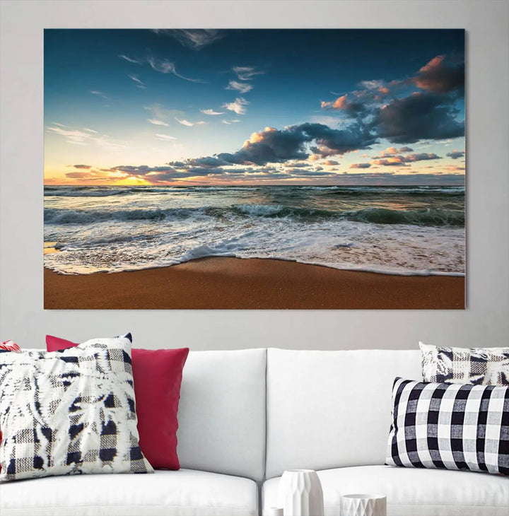 The Ocean Beach Wall Art Canvas Print Sunset Artwork Print Coastal Wall Art, featuring a three-panel design on museum-quality canvas, beautifully enhances any space. Each piece is meticulously hand-assembled, providing exquisite craftsmanship and elegance to your décor.