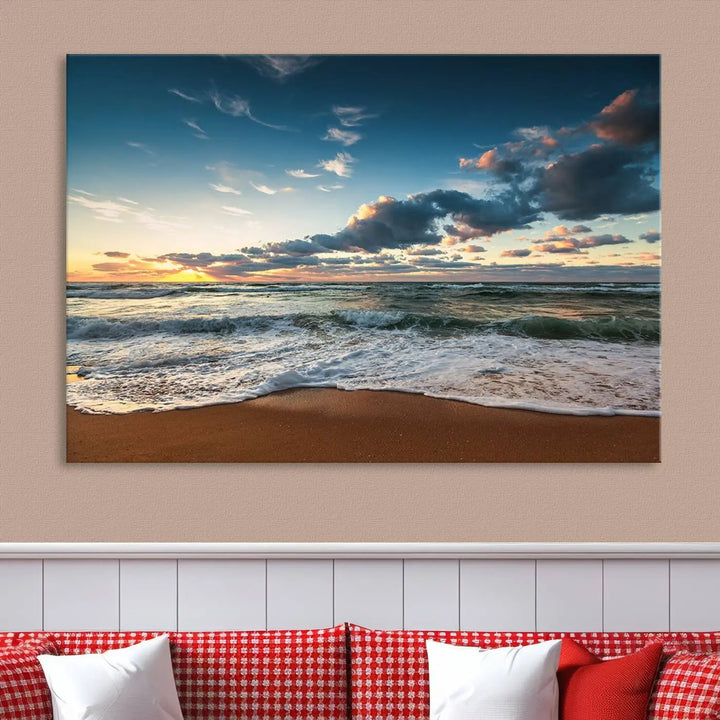 The Ocean Beach Wall Art Canvas Print Sunset Artwork Print Coastal Wall Art, featuring a three-panel design on museum-quality canvas, beautifully enhances any space. Each piece is meticulously hand-assembled, providing exquisite craftsmanship and elegance to your décor.