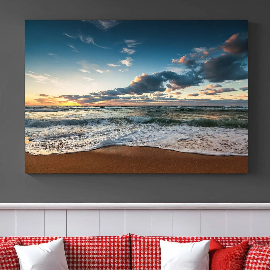 The Ocean Beach Wall Art Canvas Print Sunset Artwork Print Coastal Wall Art, featuring a three-panel design on museum-quality canvas, beautifully enhances any space. Each piece is meticulously hand-assembled, providing exquisite craftsmanship and elegance to your décor.