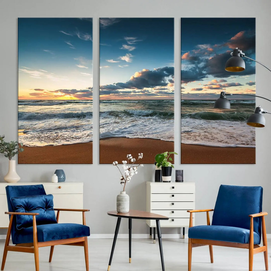 The Ocean Beach Wall Art Canvas Print Sunset Artwork Print Coastal Wall Art, featuring a three-panel design on museum-quality canvas, beautifully enhances any space. Each piece is meticulously hand-assembled, providing exquisite craftsmanship and elegance to your décor.