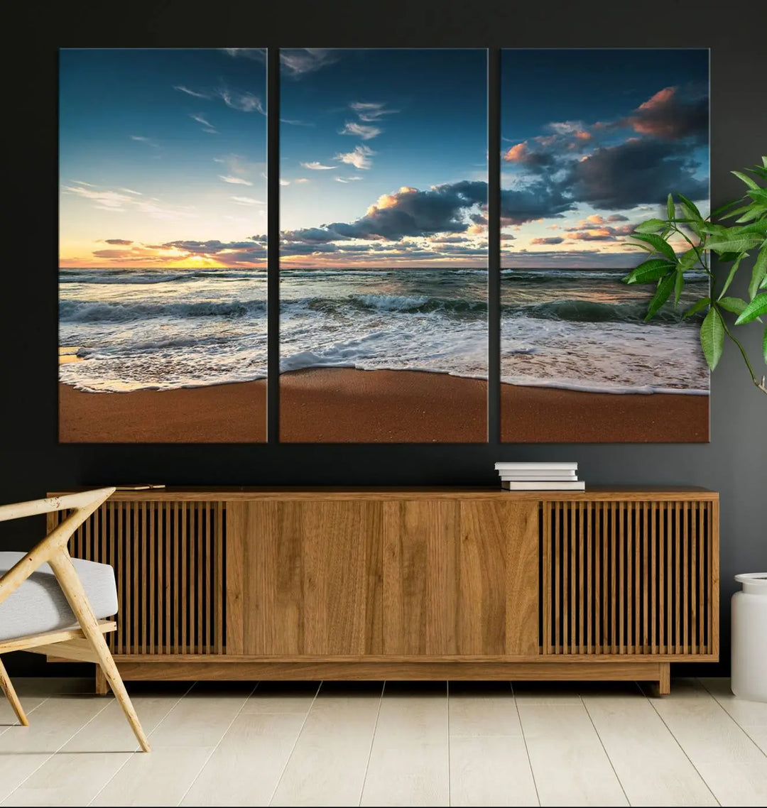 The Ocean Beach Wall Art Canvas Print Sunset Artwork Print Coastal Wall Art, featuring a three-panel design on museum-quality canvas, beautifully enhances any space. Each piece is meticulously hand-assembled, providing exquisite craftsmanship and elegance to your décor.