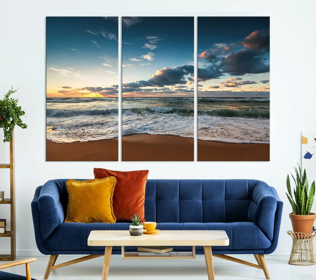 The Ocean Beach Wall Art Canvas Print Sunset Artwork Print Coastal Wall Art, featuring a three-panel design on museum-quality canvas, beautifully enhances any space. Each piece is meticulously hand-assembled, providing exquisite craftsmanship and elegance to your décor.