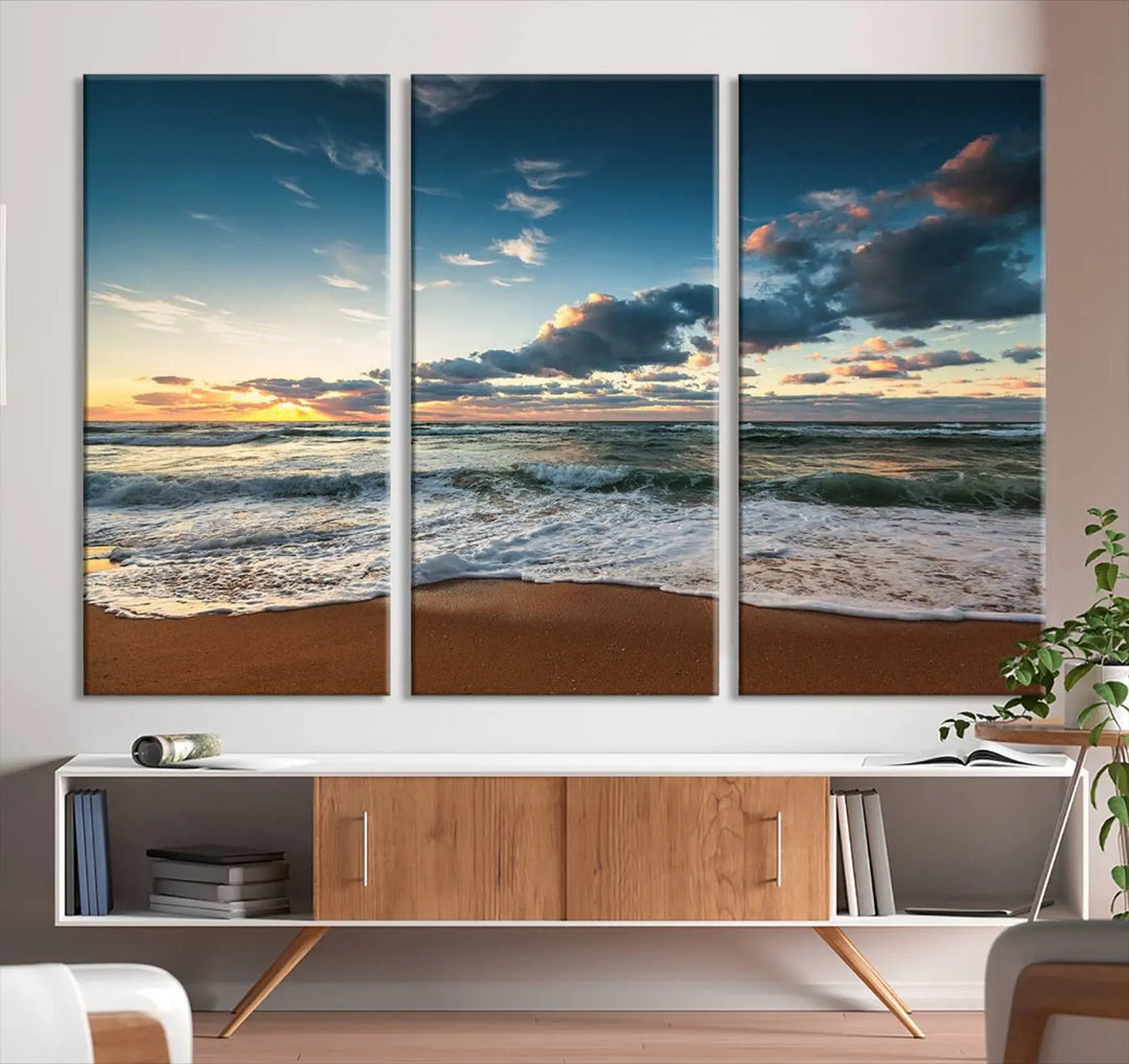 The Ocean Beach Wall Art Canvas Print Sunset Artwork Print Coastal Wall Art, featuring a three-panel design on museum-quality canvas, beautifully enhances any space. Each piece is meticulously hand-assembled, providing exquisite craftsmanship and elegance to your décor.