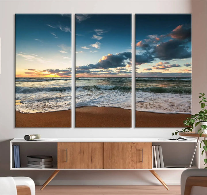 The Ocean Beach Wall Art Canvas Print Sunset Artwork Print Coastal Wall Art, featuring a three-panel design on museum-quality canvas, beautifully enhances any space. Each piece is meticulously hand-assembled, providing exquisite craftsmanship and elegance to your décor.