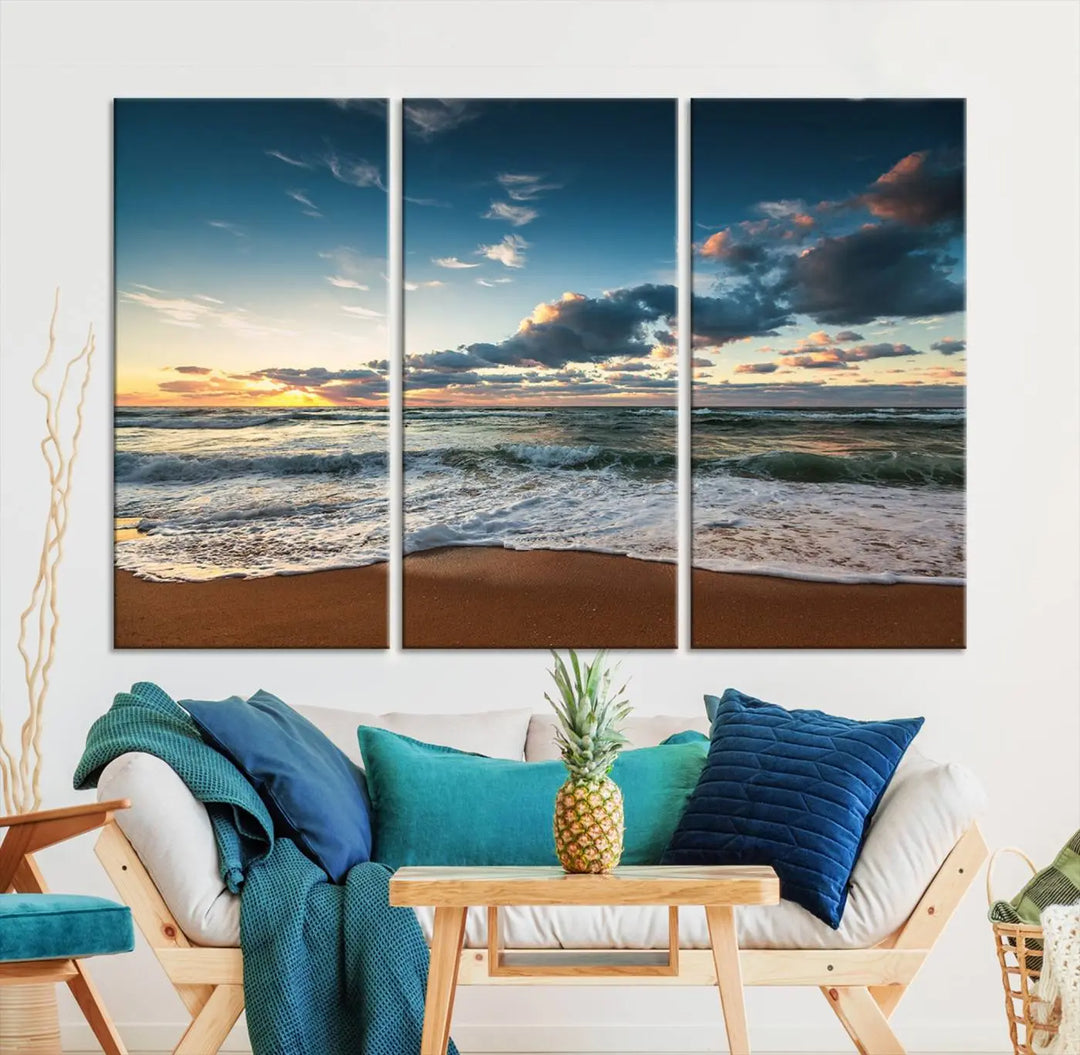 The Ocean Beach Wall Art Canvas Print Sunset Artwork Print Coastal Wall Art, featuring a three-panel design on museum-quality canvas, beautifully enhances any space. Each piece is meticulously hand-assembled, providing exquisite craftsmanship and elegance to your décor.