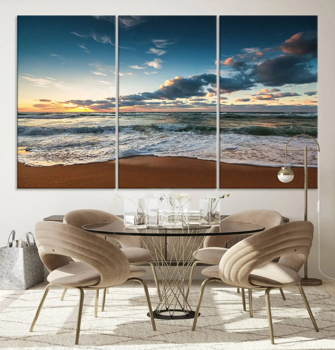 The Ocean Beach Wall Art Canvas Print Sunset Artwork Print Coastal Wall Art, featuring a three-panel design on museum-quality canvas, beautifully enhances any space. Each piece is meticulously hand-assembled, providing exquisite craftsmanship and elegance to your décor.