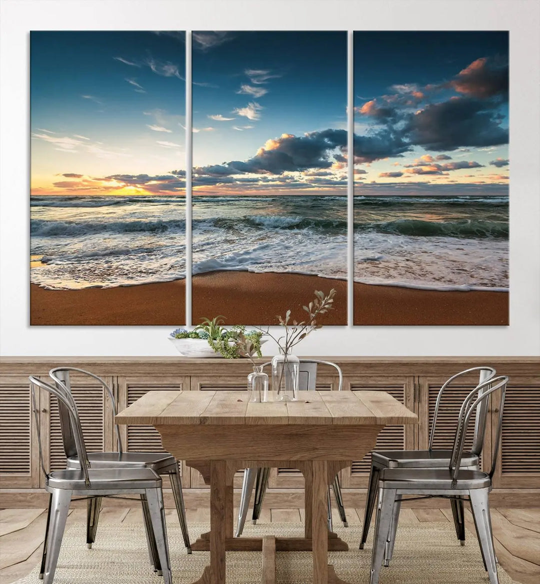 The Ocean Beach Wall Art Canvas Print Sunset Artwork Print Coastal Wall Art, featuring a three-panel design on museum-quality canvas, beautifully enhances any space. Each piece is meticulously hand-assembled, providing exquisite craftsmanship and elegance to your décor.