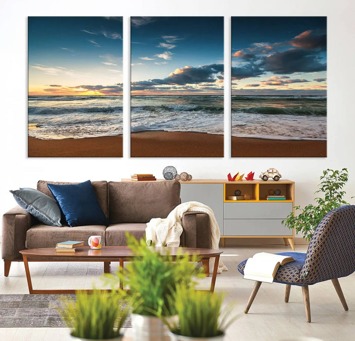 The Ocean Beach Wall Art Canvas Print Sunset Artwork Print Coastal Wall Art, featuring a three-panel design on museum-quality canvas, beautifully enhances any space. Each piece is meticulously hand-assembled, providing exquisite craftsmanship and elegance to your décor.