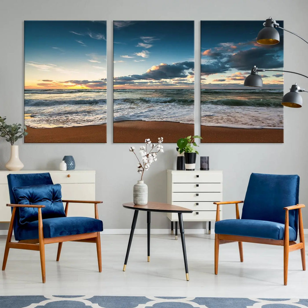 The Ocean Beach Wall Art Canvas Print Sunset Artwork Print Coastal Wall Art, featuring a three-panel design on museum-quality canvas, beautifully enhances any space. Each piece is meticulously hand-assembled, providing exquisite craftsmanship and elegance to your décor.