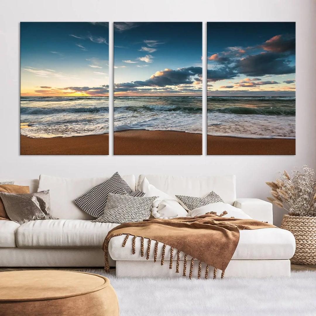 The Ocean Beach Wall Art Canvas Print Sunset Artwork Print Coastal Wall Art, featuring a three-panel design on museum-quality canvas, beautifully enhances any space. Each piece is meticulously hand-assembled, providing exquisite craftsmanship and elegance to your décor.