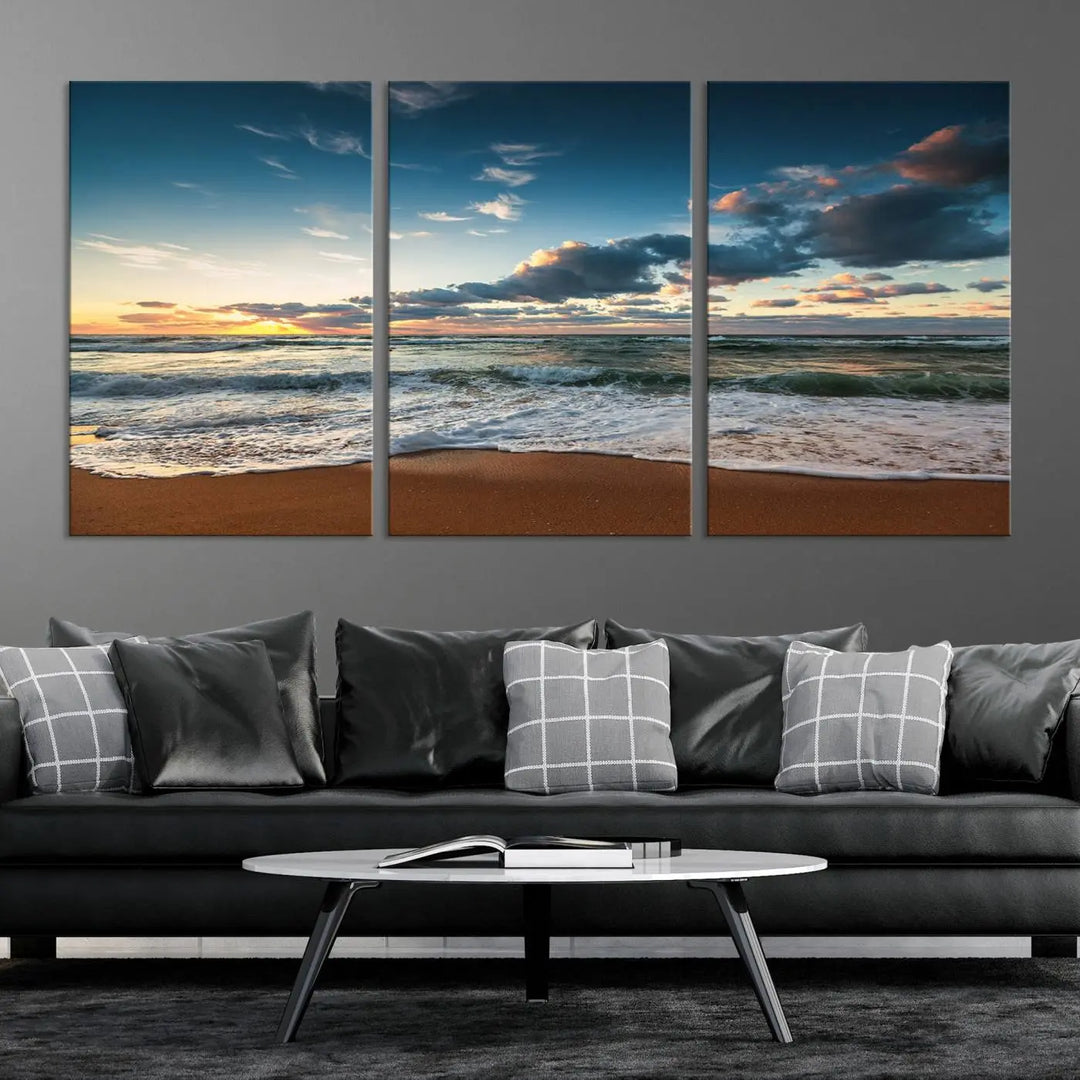 The Ocean Beach Wall Art Canvas Print Sunset Artwork Print Coastal Wall Art, featuring a three-panel design on museum-quality canvas, beautifully enhances any space. Each piece is meticulously hand-assembled, providing exquisite craftsmanship and elegance to your décor.