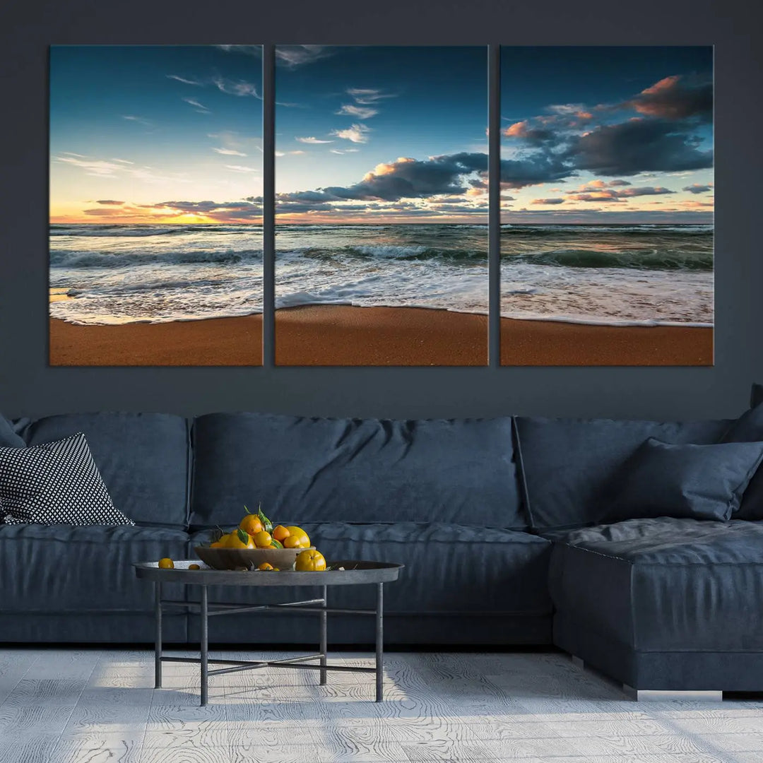 The Ocean Beach Wall Art Canvas Print Sunset Artwork Print Coastal Wall Art, featuring a three-panel design on museum-quality canvas, beautifully enhances any space. Each piece is meticulously hand-assembled, providing exquisite craftsmanship and elegance to your décor.