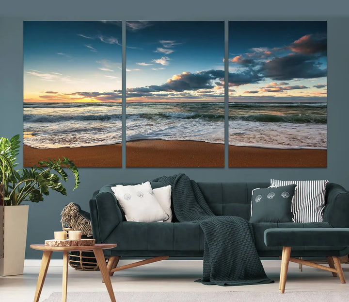 The Ocean Beach Wall Art Canvas Print Sunset Artwork Print Coastal Wall Art, featuring a three-panel design on museum-quality canvas, beautifully enhances any space. Each piece is meticulously hand-assembled, providing exquisite craftsmanship and elegance to your décor.