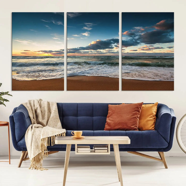 The Ocean Beach Wall Art Canvas Print Sunset Artwork Print Coastal Wall Art, featuring a three-panel design on museum-quality canvas, beautifully enhances any space. Each piece is meticulously hand-assembled, providing exquisite craftsmanship and elegance to your décor.