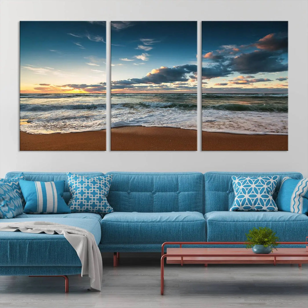 The Ocean Beach Wall Art Canvas Print Sunset Artwork Print Coastal Wall Art, featuring a three-panel design on museum-quality canvas, beautifully enhances any space. Each piece is meticulously hand-assembled, providing exquisite craftsmanship and elegance to your décor.